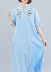 Natural light blue linen cotton clothes embroidery Plus Size Clothing summer Dresses - bagstylebliss