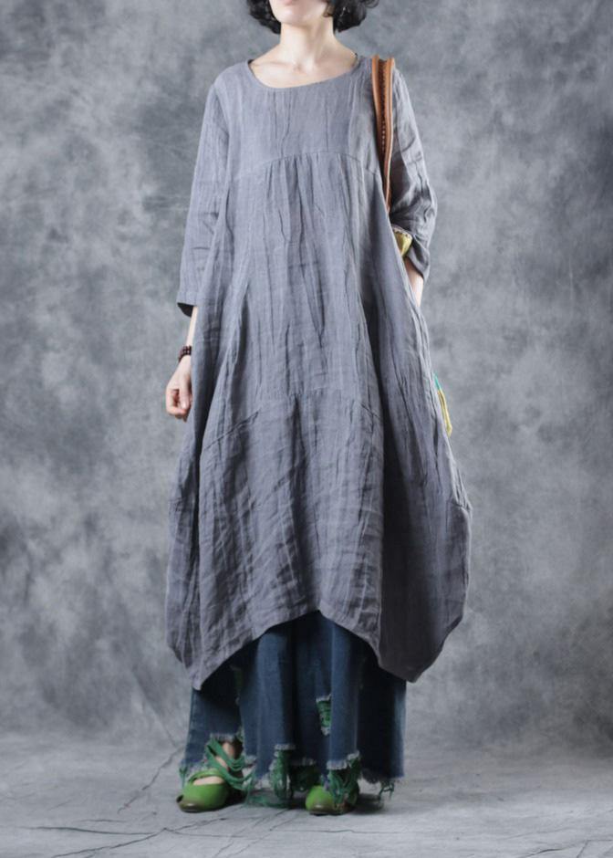 Natural linen clothes For Women Work gray Dress o neck - bagstylebliss