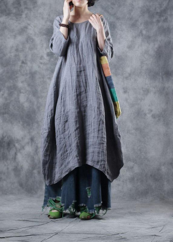 Natural linen clothes For Women Work gray Dress o neck - bagstylebliss