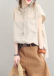 Natural low high design linen tunic top Shirts khaki o neck top summer - bagstylebliss