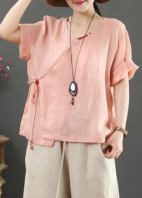 Natural o neck Button Down linen tunic pattern Inspiration pink tops - bagstylebliss