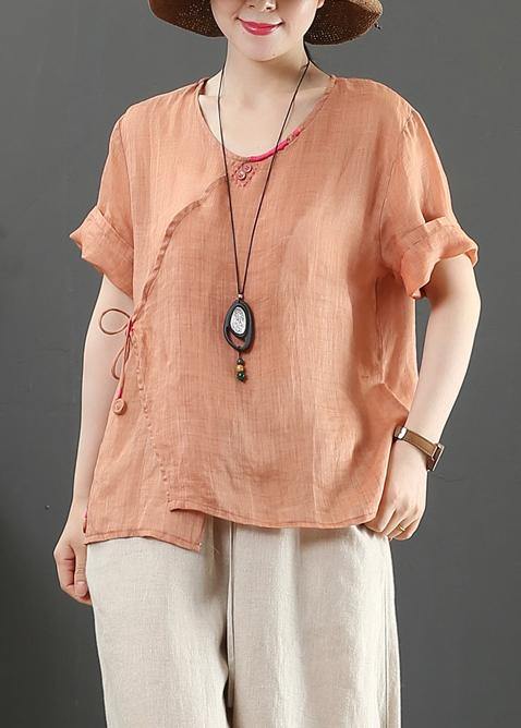 Natural o neck Button Down linen tunic pattern Inspiration pink tops - bagstylebliss