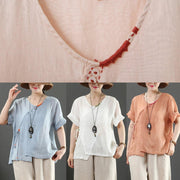 Natural o neck Button Down linen tunic pattern Inspiration pink tops - bagstylebliss