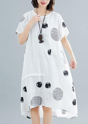 Natural o neck asymmetric cotton clothes Work white dotted Traveling Dresses summer - bagstylebliss