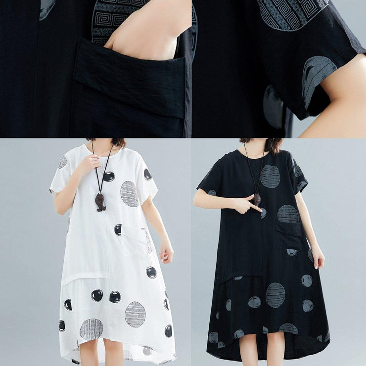 Natural o neck asymmetric cotton clothes Work white dotted Traveling Dresses summer - bagstylebliss