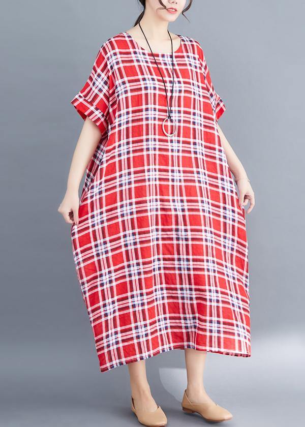 Natural o neck cotton clothes For Women Fabrics red plaid Maxi Dress summer - bagstylebliss