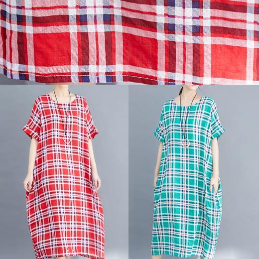 Natural o neck cotton clothes For Women Fabrics red plaid Maxi Dress summer - bagstylebliss