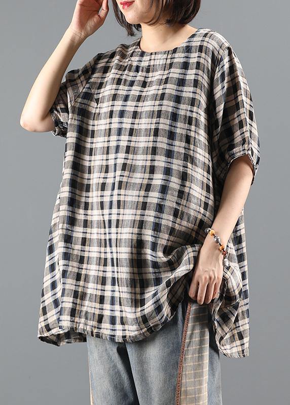 Natural o neck drawstring summer tunics for women Shape black plaid top - bagstylebliss