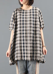 Natural o neck drawstring summer tunics for women Shape black plaid top - bagstylebliss