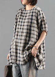 Natural o neck drawstring summer tunics for women Shape black plaid top - bagstylebliss