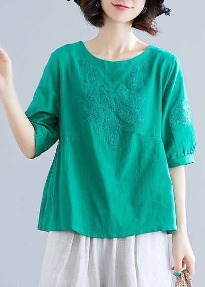 Natural o neck embroidery cotton clothes Outfits green blouses summer - bagstylebliss