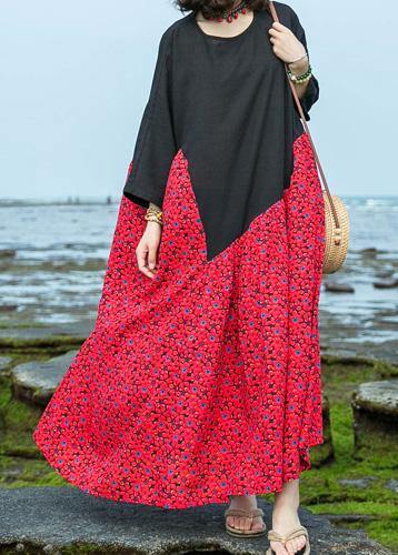 Natural o neck large hem cotton linen dresses black patchwork red print Dresses summer - bagstylebliss