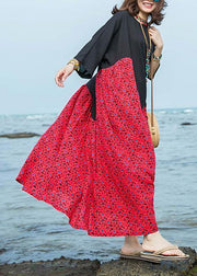 Natural o neck large hem cotton linen dresses black patchwork red print Dresses summer - bagstylebliss