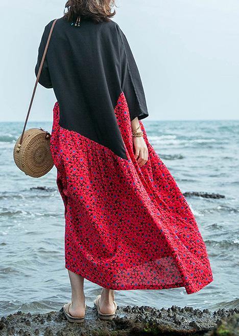 Natural o neck large hem cotton linen dresses black patchwork red print Dresses summer - bagstylebliss