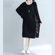 Natural o neck patchwork Cotton Blended Tunics Casual Work black Knee Dress