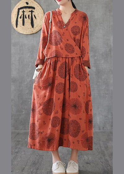 Natural o neck patchwork cotton Tunics orange embroidery long Dress - bagstylebliss