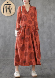 Natural o neck patchwork cotton Tunics orange embroidery long Dress - bagstylebliss