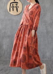 Natural o neck patchwork cotton Tunics orange embroidery long Dress - bagstylebliss