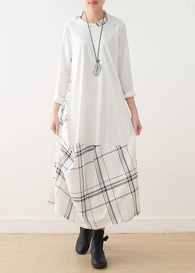 Natural o neck patchwork cotton outfit pattern white long Dress - bagstylebliss
