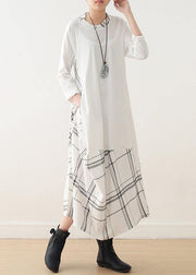 Natural o neck patchwork cotton outfit pattern white long Dress - bagstylebliss