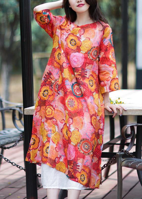 Natural o neck side open linen clothes Photography floral Dress - bagstylebliss