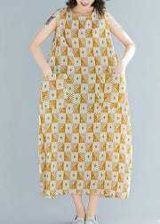 Natural o neck sleeveless cotton summer clothes Women yellow Geometric Kaftan Dresses - bagstylebliss