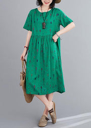 Natural o neck summer Sewing green print long Dress - bagstylebliss