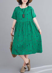 Natural o neck summer Sewing green print long Dress - bagstylebliss