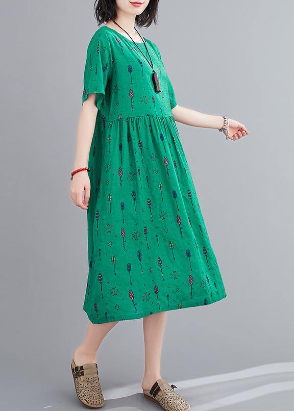 Natural o neck summer Sewing green print long Dress - bagstylebliss