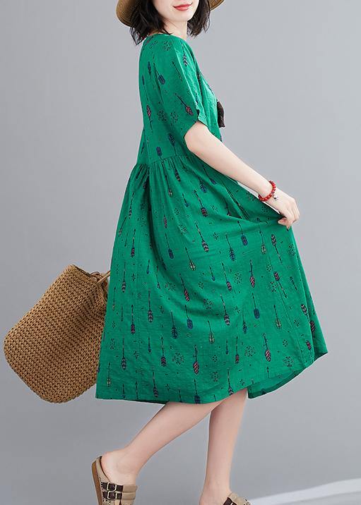 Natural o neck summer Sewing green print long Dress - bagstylebliss