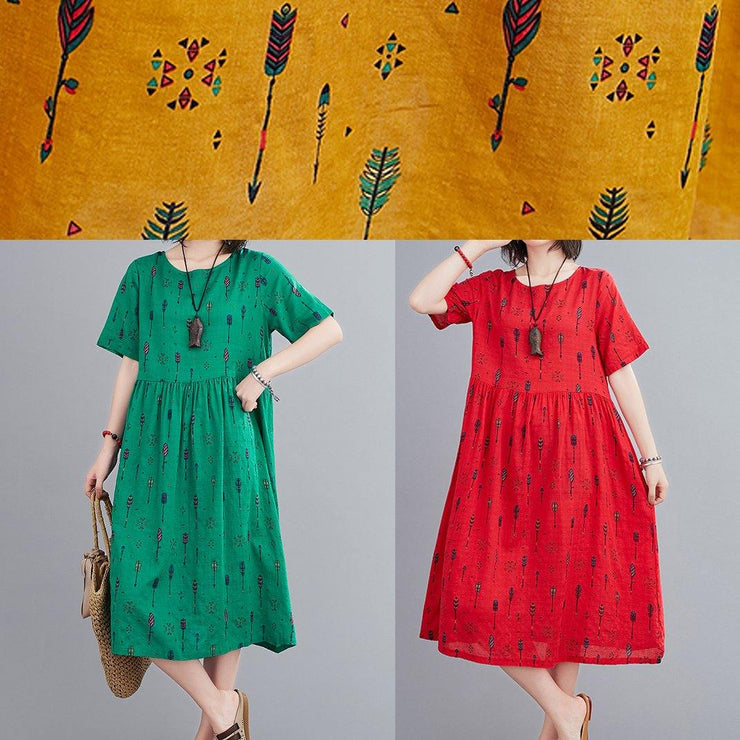 Natural o neck summer Sewing green print long Dress - bagstylebliss