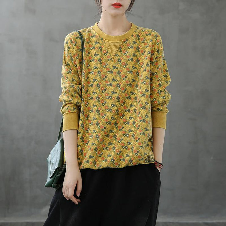 Natural o neck top Cotton yellow Plant printing shirt - bagstylebliss