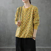 Natural o neck top Cotton yellow Plant printing shirt - bagstylebliss