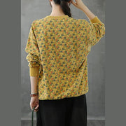 Natural o neck top Cotton yellow Plant printing shirt - bagstylebliss