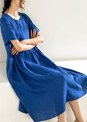 Natural o neck Cinched linen summer dresses Fabrics blue Dress - bagstylebliss