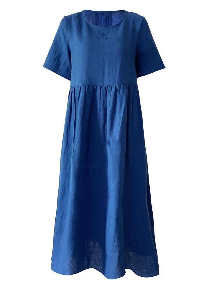 Natural o neck Cinched linen summer dresses Fabrics blue Dress - bagstylebliss