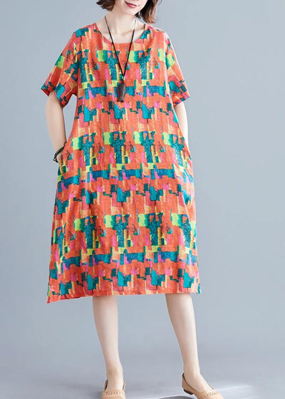 Natural orange print Cotton Wardrobes o neck pockets shift summer Dress - bagstylebliss