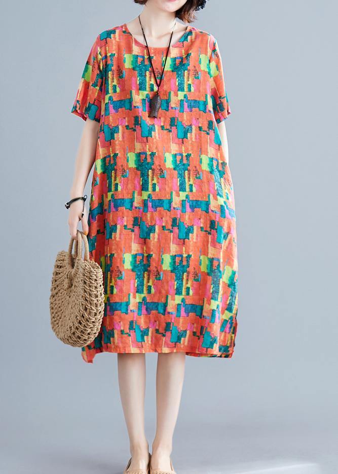 Natural orange print Cotton Wardrobes o neck pockets shift summer Dress - bagstylebliss