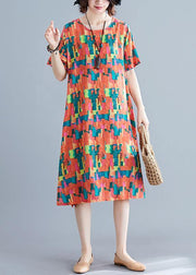 Natural orange print Cotton Wardrobes o neck pockets shift summer Dress - bagstylebliss