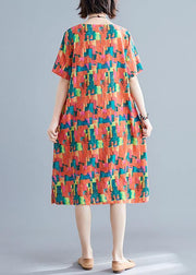 Natural orange print Cotton Wardrobes o neck pockets shift summer Dress - bagstylebliss