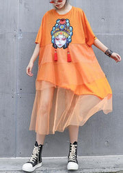 Natural orange prints cotton clothes For Women patchwork tulle loose summer Dresses - bagstylebliss