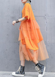 Natural orange prints cotton clothes For Women patchwork tulle loose summer Dresses - bagstylebliss