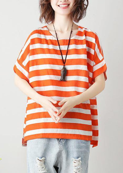 Natural orange striped cotton blouses for women o neck Batwing Sleeve Art top - bagstylebliss