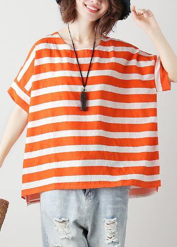 Natural orange striped cotton blouses for women o neck Batwing Sleeve Art top - bagstylebliss