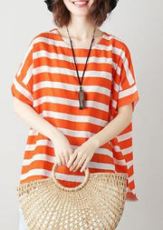 Natural orange striped cotton blouses for women o neck Batwing Sleeve Art top - bagstylebliss