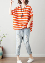 Natural orange striped cotton blouses for women o neck Batwing Sleeve Art top - bagstylebliss