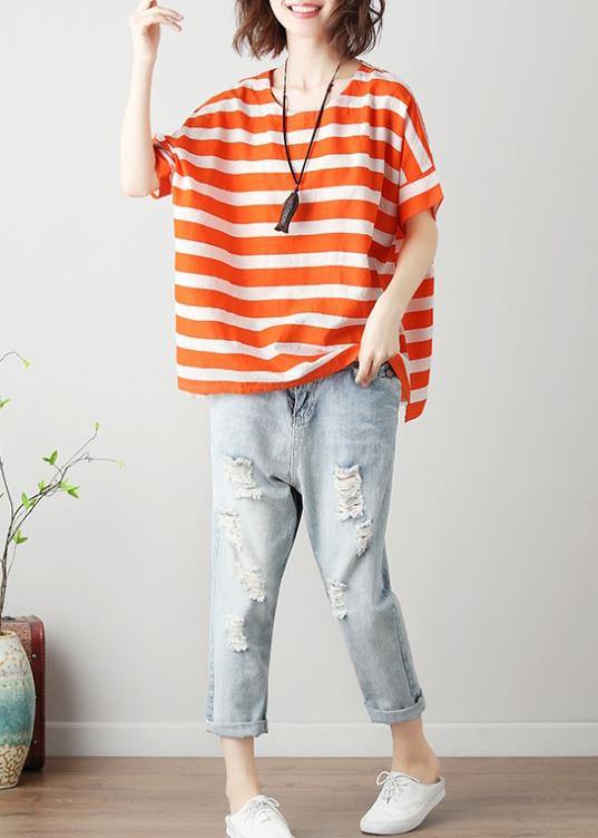 Natural orange striped cotton blouses for women o neck Batwing Sleeve Art top - bagstylebliss