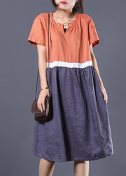 Natural patchwork color linen dresses Shape orange v neck Dress summer - bagstylebliss