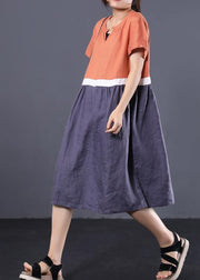 Natural patchwork color linen dresses Shape orange v neck Dress summer - bagstylebliss