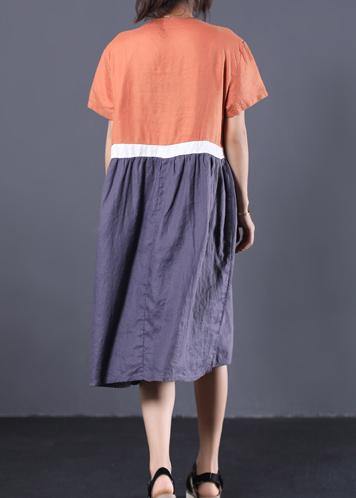 Natural patchwork color linen dresses Shape orange v neck Dress summer - bagstylebliss